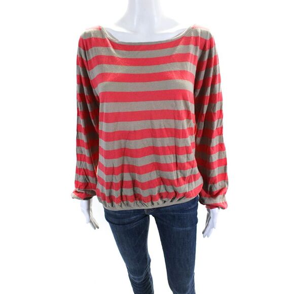 TSE Say Womens Cotton Striped Print Round Neck Bishop Sleeve Top Pink Size L - Picture 2 of 6